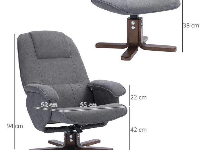 Linen Swivel Recliner Chair with Footstool, Upholstered Reclining Armchair with Wooden Base for Living Room, Grey