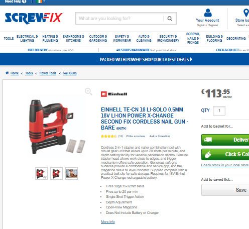 Einhell TE-CN 18 Li-Solo 0.5mm 18V Li-Ion Power X-Change Second Fix Cordless Nail Gun - Bare
