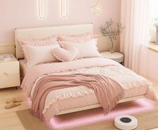King Floating Bed Frame with LED Lights and Charging Station, Metal Platform Bed Frame King Size with Upholstered Headboard, No Box Spring Needed, White