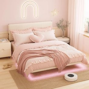 King Floating Bed Frame with LED Lights and Charging Station, Metal Platform Bed Frame King Size with Upholstered Headboard, No Box Spring Needed, White