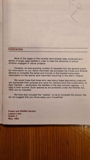 Land Mammals In Ireland. Issued By Forest And Wildlife Service. Leesonane Dublin. Booklet.1986.