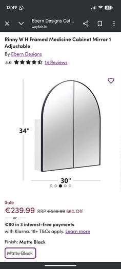 BNIB arched black bathroom mirror / medicine cabinet