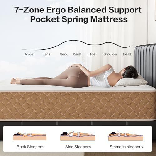 Double Mattresses 4FT6 Memory Foam Mattress, 7-Zone Pocket Sprung Double Bed Mattress with Soft Knitted Fabric, Medium Firm, Motion Isolation, Hybrid Mattress in a Box