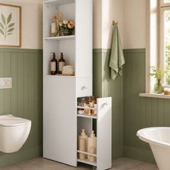 Narrow Bathroom storage cabinet  with drawers classic white