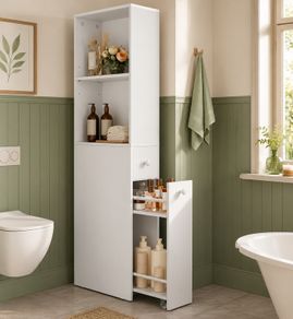 Narrow Bathroom storage cabinet  with drawers classic white