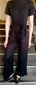 Quiz Black Ribbed Wide Leg Jumpsuit - Short Sleeve Tie Waist