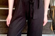 Quiz Black Ribbed Wide Leg Jumpsuit - Short Sleeve Tie Waist