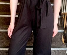 Quiz Black Ribbed Wide Leg Jumpsuit - Short Sleeve Tie Waist