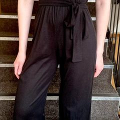 Quiz Black Ribbed Wide Leg Jumpsuit - Short Sleeve Tie Waist