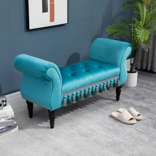 Vintage Bench Seat with Armrest and Button Tufted, Velvet Upholstered Footstool for Bedroom, Blue