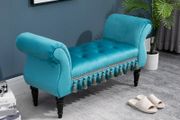 Vintage Bench Seat with Armrest and Button Tufted, Velvet Upholstered Footstool for Bedroom, Blue