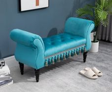 Vintage Bench Seat with Armrest and Button Tufted, Velvet Upholstered Footstool for Bedroom, Blue