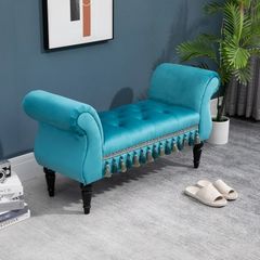 Vintage Bench Seat with Armrest and Button Tufted, Velvet Upholstered Footstool for Bedroom, Blue