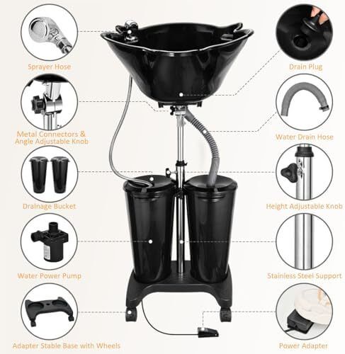 Portable Salon Basin Shampoo Bowl Sink With Electric Pump, Height Adjustable Hair Washing Basin With 2 Bucket & Drain Hoses for Home Barber Shop Use