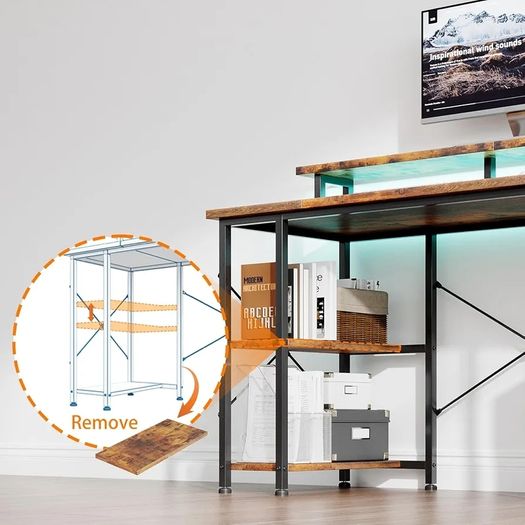 Gaming Desk with LED Lights & Power Outlets, 120 50cm Computer Desk with Storage Shelves & Dual Monitor Stand, for Home Office Study Bedroom Small Spaces, Brown