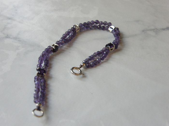 Double Strand Faceted Amethyst Bead Bracelet, 925 Silver Clasp, 7in/18cm