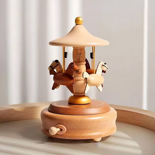 Wooden Vintage Music Box Carousel with 4 Horses