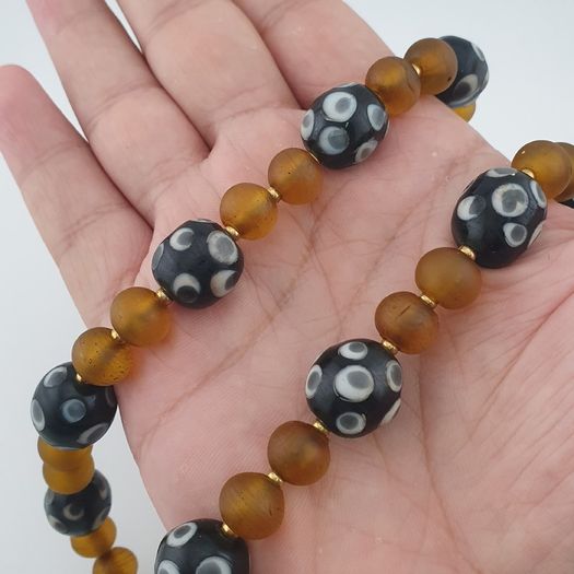 Antique Venetian African Style Eyes & Yellow Brown African Glass Beads Necklaces