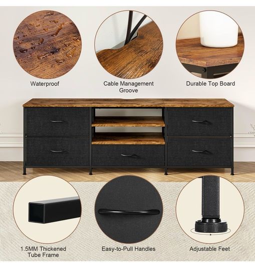 TV Stand Cabinet, TV Unit with 5 Drawers, 140 cm, Black TV Console Table with Storage Organizers, Entertainment Center with Open Shelf for Living Room, Bedroom
