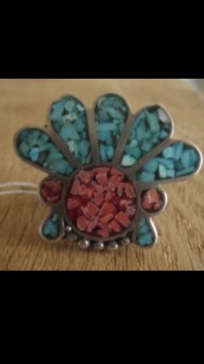 Handmade Sterling Silver Hopi Zuni Headdress Multi Stone Silver Ring- Turquoise and Coral - Vintage