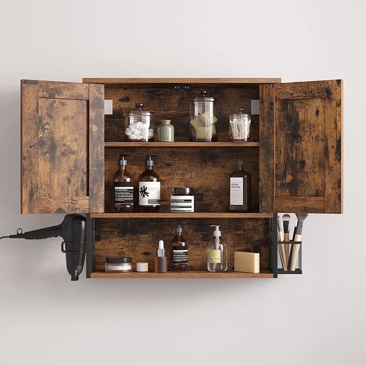 Bathroom Cabinet, Bathroom Cabinet, Wall Cabinet, Storage Cabinet, with 2 Doors, Adjustable Shelves, with Hair Dryer Holder, Industrial Design, Vintage Brown/Black