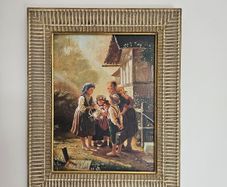 Oil on board painting . Children group by Francesco Bergamini.