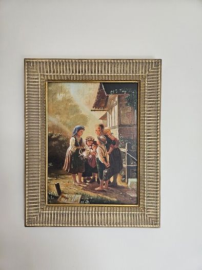 Oil on board painting . Children group by Francesco Bergamini.