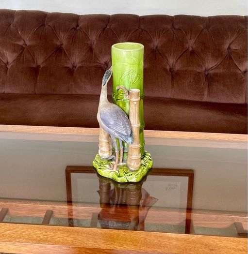 Antique Art Pottery Bretby Pottery 1890s Bamboo and Stork Large Spill Vase
