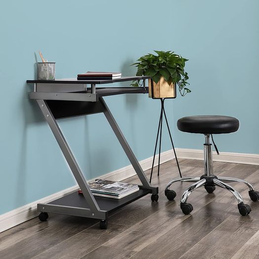 _desk, computer table with 4 castors, 2 of them with brakes, PC table, easy-to-use keyboard pull-out, easy assembly, space-saving PC table in Z-shape, black