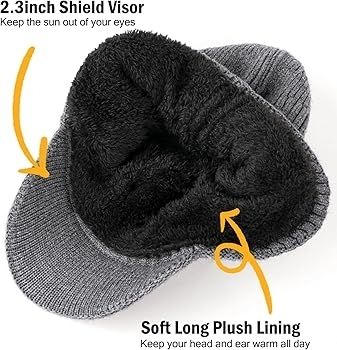 Beanie with Brim and Ear Flaps, Windproof Fleece Lined Knit Winter Hat, Warm Outdoor Mens Wooly Hats, Gifts for Dad