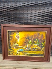 Original Signed Oil Painting Tropical Village Landscape Framed 35 x 46 cm