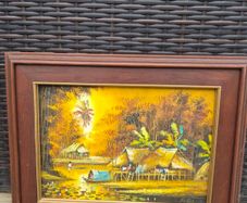 Original Signed Oil Painting Tropical Village Landscape Framed 35 x 46 cm