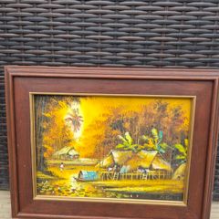 Original Signed Oil Painting Tropical Village Landscape Framed 35 x 46 cm
