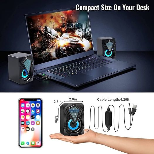 FREE SHIPPING PC Speakers,Mini Desktop Speaker for PC with Colorful LED Light,Stereo 2.0 USB Powered 3.5mm Aux Portable Gaming Multimedia Speaker for Computer Laptop Monitor,Tablets,Music Player