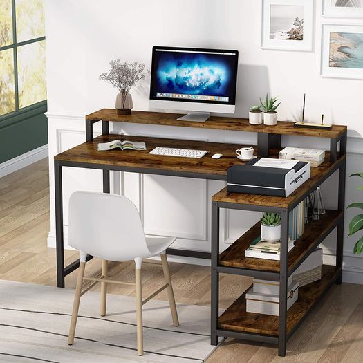 _Computer desk, L-shaped desk, home office, study desk with monitor stand and shelves, industrial corner desk