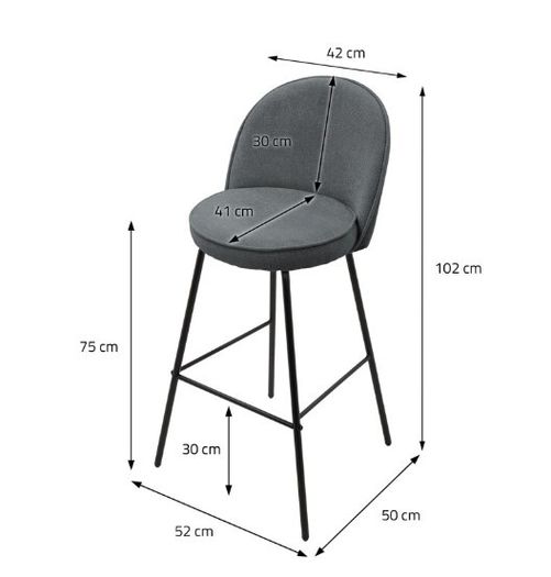 Set of 2 Grey Upholstered Bar Stools with Backrests and Black Steel Legs