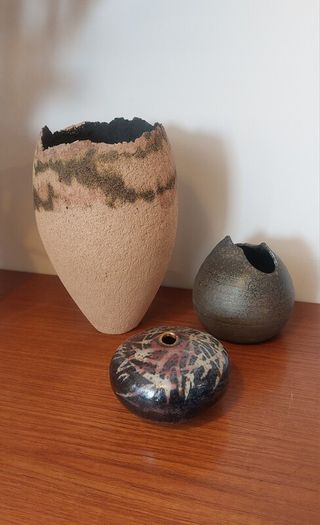 Fabulous Collection of Three Hand-Built Studio Pottery Vases with Organic Asymmetric Shapes, All Hand Made, Unknown Maker Different Makers, Pieces of Sculptural Art