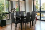 Extendable Glass Dining Table Set 6 chairs Black
