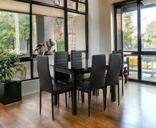 Extendable Glass Dining Table Set 6 chairs Black