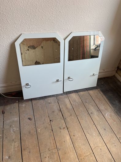 Two original, Art Deco period wall mounted basin splashback with mirror and bathroom fixtures