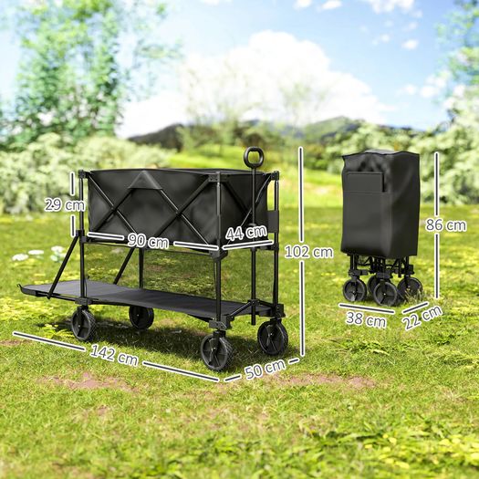 Double Decker Folding Festival Trolley on Wheels, 200KG & 350L Capacity Collapsible Wagon Festival Trolley Cart with 134cm Extended for Camping Sports Shopping Garden and Beach, Black