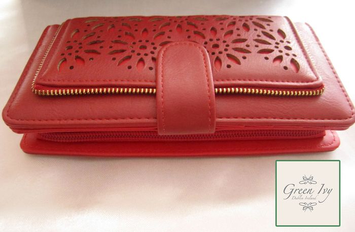 Large Fashion Red Purse Multi compartments with flowers design