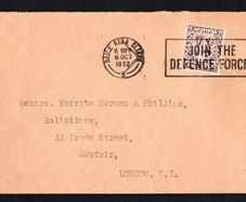 1952 Ireland Clear slogan cancel of Join the Defence Forces tying 2 1/2d Arms of Ireland definitive stamp. Date of 6 October 1952