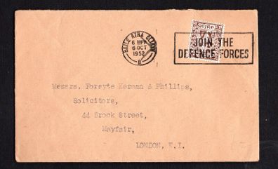 1952 Ireland Clear slogan cancel of Join the Defence Forces tying 2 1/2d Arms of Ireland definitive stamp. Date of 6 October 1952
