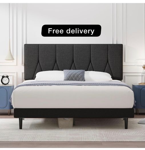 King Bed Frame, Black, Upholstered Wooden Slat Bed Frame with Headboard
