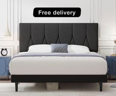 King Bed Frame, Black, Upholstered Wooden Slat Bed Frame with Headboard