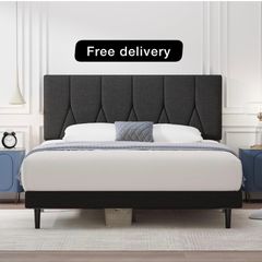 King Bed Frame, Black, Upholstered Wooden Slat Bed Frame with Headboard