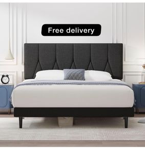 King Bed Frame, Black, Upholstered Wooden Slat Bed Frame with Headboard