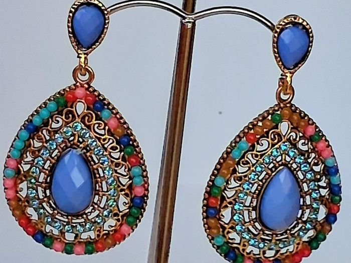 Gold Multi Coloured Crystal & Gem Boho Waterdrop Earrings