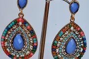 Gold Multi Coloured Crystal &amp; Gem Boho Waterdrop Earrings